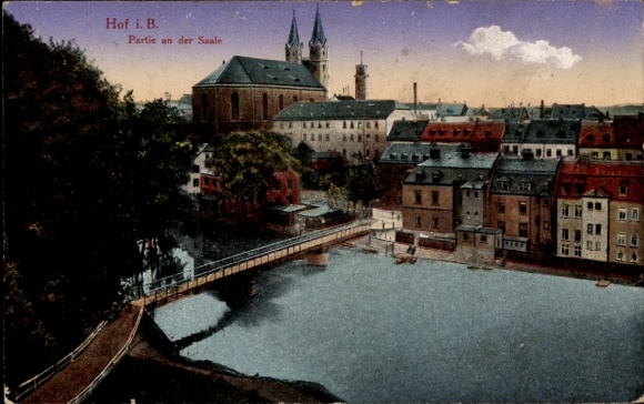 Ak Hof an der Saale Opper-Franken Beieren, Hof i. B., deel van de Saale, stadsgezicht met brug en