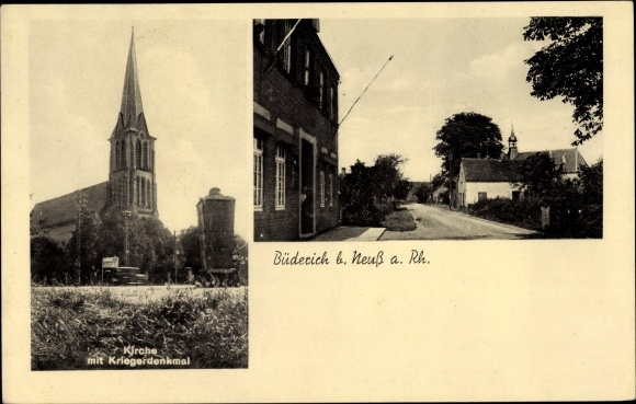 Postcard Büderich Meerbusch in the Rheinkreis Neuss, church with war memorial, street section