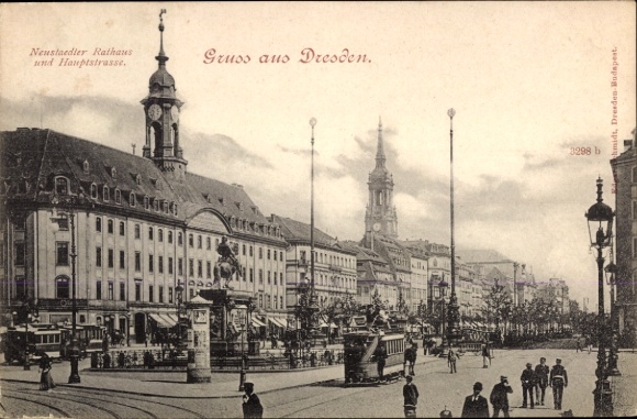 Postcard Dresden Neustadt, Neustädler Town Hall, Main Street, Tram