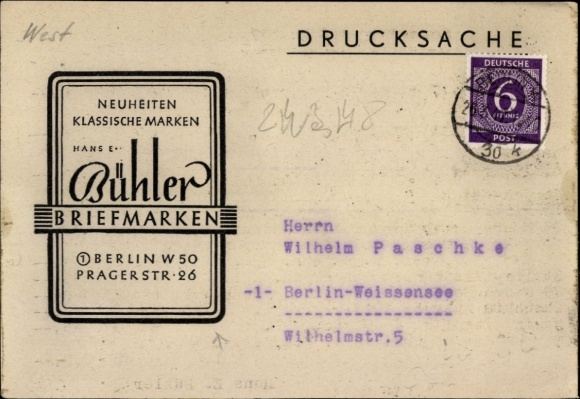 PC Berlin Weißensee, Bühler stamps, Prager Straße 26, advertising