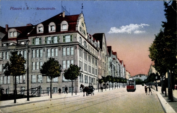 Postcard Plauen im Vogtland, Breitestraße, tram, trees, buildings