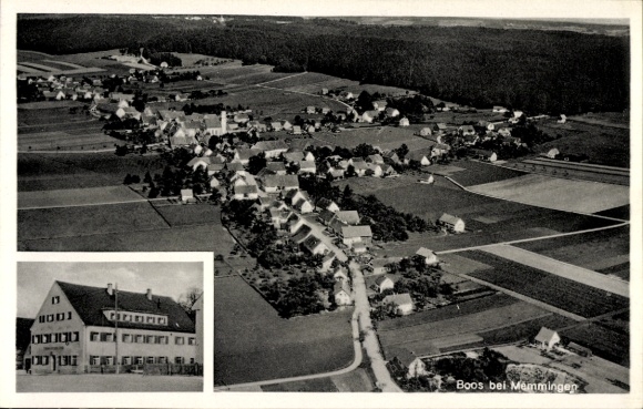 Postcard Boos (near Memmingen) in Swabia, aerial photograph, inn and butcher shop z. Hirsch A. Urban