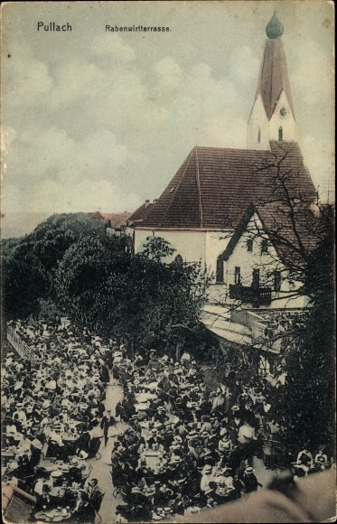 Postcard Pullach in the Isar valley, Upper Bavaria, Rabenwirt terrace, visitors, church