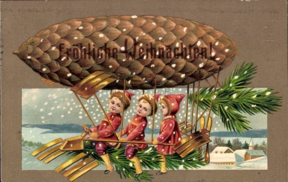 Passepartout Chromo-Litho Merry Christmas, pine cone airship, children