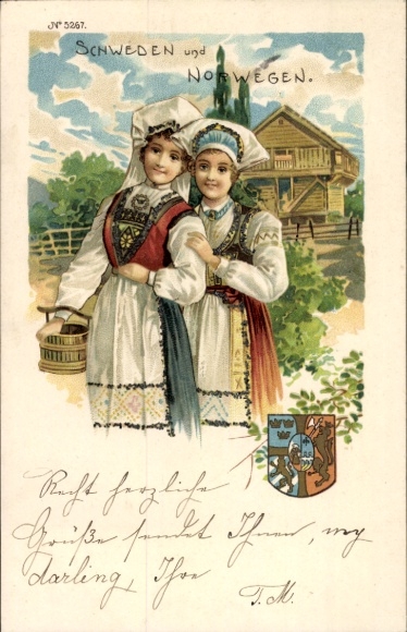 Chromo-Litho Sweden and Norway, two young women in traditional costumes, coat of arms