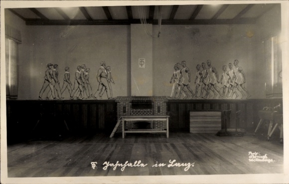 Photo Postcard Lanz in der Prignitz, gymnasium, Jahnhalle, interior view, German Gymnastics Federation, mural