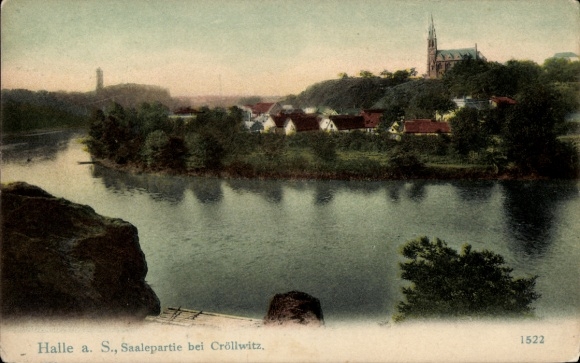 Postcard Kröllwitz Cröllwitz Halle an der Saale, landscape view, Saale, river, town, church, trees