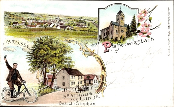 litho Pfaffenwiesbach Wehrheim in de Taunus Hessen, fietsers, kerk, Gasthaus zur Linde