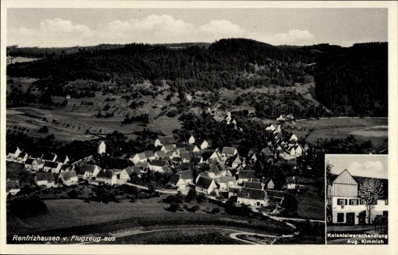 Postcard Renfrizhausen Sulz am Neckar, aerial photograph, grocery store Aug. Kimmrich