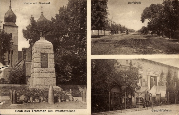 Postcard Tremmen Ketzin an der Havel, church, monument, shop, village street