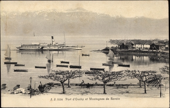 Ak Ouchy Lausanne Kt. Waadt, góry Port d'Ouchy i Savoy, parowiec w salonie Lozanna