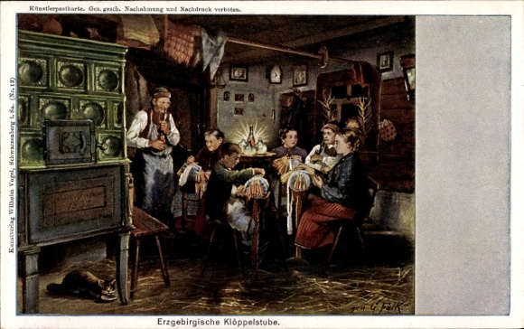 Artist Postcard Falk, G., Erzgebirge lacemaking studio, tiled stove