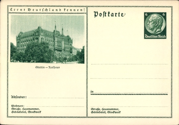 Postal stationery Postcard Szczecin Stettin Pomerania, Town Hall, Get to know Germany!