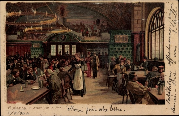 Postkaart van de kunstenaar Hé, Paul, München, zaal Hofbräuhaus