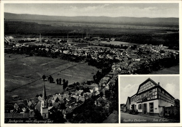 Postcard Jockgrim in the Palatinate, aerial photograph, Gasth. zum Elefanten