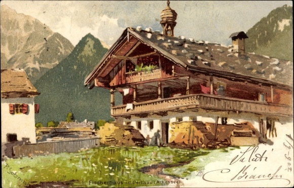 Artist Chromo-Litho Schmohl, P., Pertisau Eben am Achensee in Tirol, First fisherman&#39;s house with surroundings