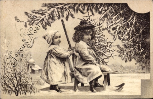 Embossed PC Merry Christmas, children, sleigh