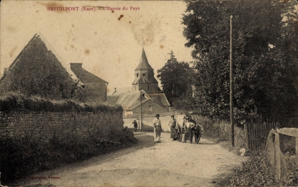 Ak Breuilpont Eure, Ein Dorf mit Kirche, Häusern, Landstraße, Menschen, Bäume