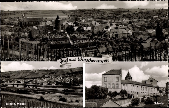 Postcard Winscheringen in Rhineland-Palatinate, panorama of the town, view of the Moselle, school