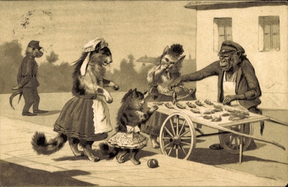 Embossing Chromo-Litho Humanized Cats and Chimpanzee, Mouse Dealer