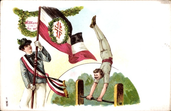 Chromo-Litho Gut Heil, gymnast on parallel bars, gymnastics club, flag