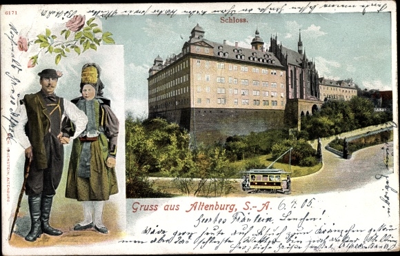 Litho Altenburg in Thüringen, Ansicht des Schlosses, Trachtenpaar