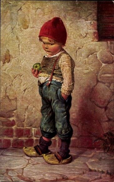 Artist Postcard Kaulbach, Hermann, Hansel, Little John, Child with Apple