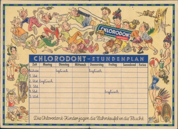 Timetable advertising Chlorodont toothpaste, tube of mouthwash, tooth devil with children around 1930
