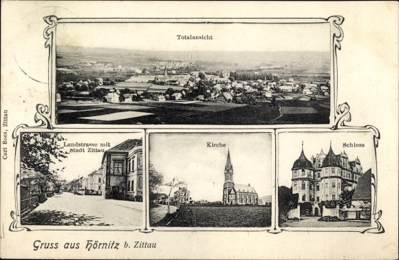 Ansichtkaart Bertsdorf Hörnitz Oberlausitz, afstandsschot Hörnitz, landweg, hotelstad Zittau, kerk, kasteel