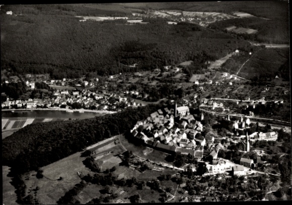 Ak Dilsberg Neckargemünd am Neckar, Luftaufnahme von Dilsberg, Burg und Umgebung, Schwarz-Weiß-Bi