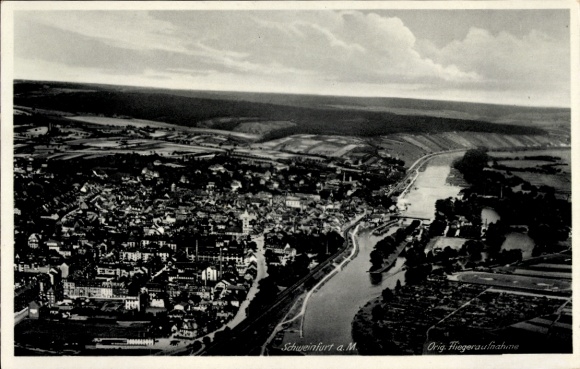 Postcard Schweinfurt in Lower Franconia Bavaria, Schlachtschüssel, aerial view of river, city view