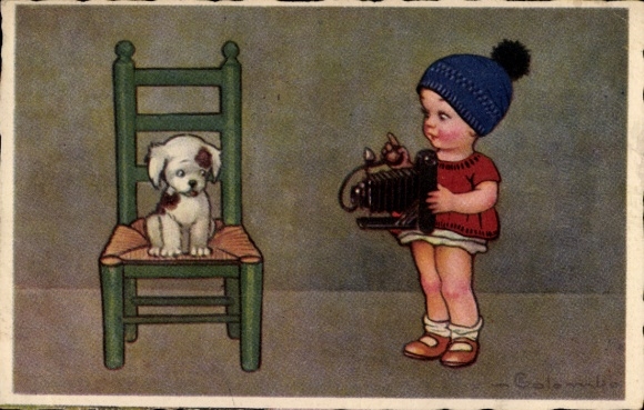 Artist Postcard Colombo, E., Girl with Camera, Dog