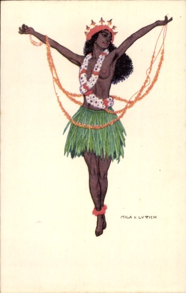 Artist Postcard Mila v. Luttich, Oceanic woman, bare-breasted, flower chains, raffia skirt