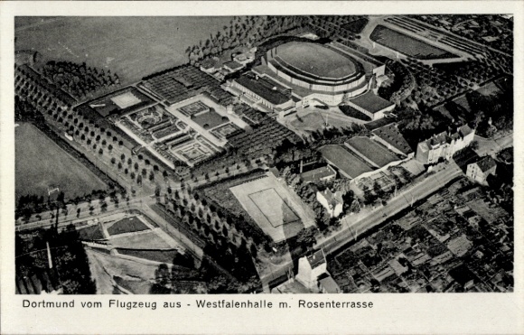 Postcard Dortmund in the Ruhr area, aerial photograph, Westfalenhalle, Rose Terrace