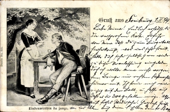 Postcard man at the table, waitress, Lindenwirtin, wine glass