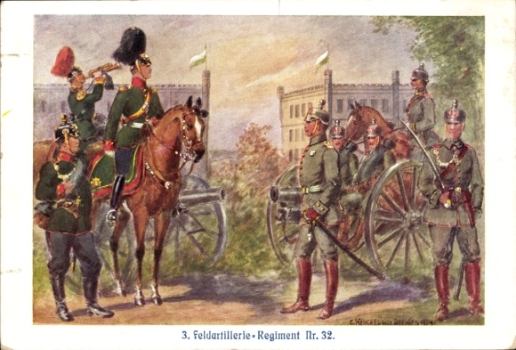 Kunstenaarsbriefkaart Henckel, Carl, Veldartillerieregiment nr. 32, kanonniers