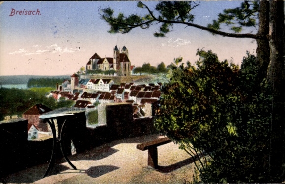 Postcard Breisach am Oberrhein, view of town, castle, trees, bench