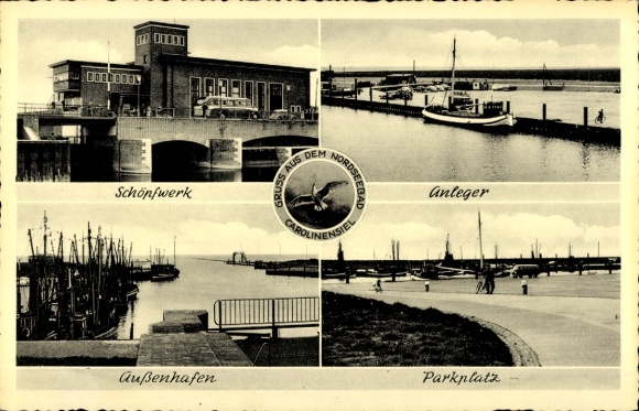 Postcard North Sea resort Carolinensiel Wittmund in East Frisia, pumping station, jetty, outer harbour, parking lot