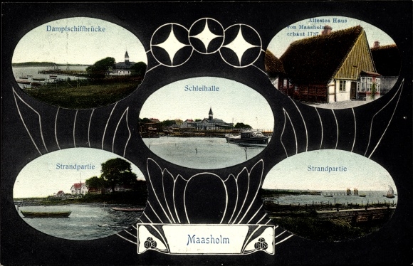 Ansichtkaart Maasholm in Sleeswijk-Holstein, oud huis, strandgebied, Schlei-hal, stoombootbrug