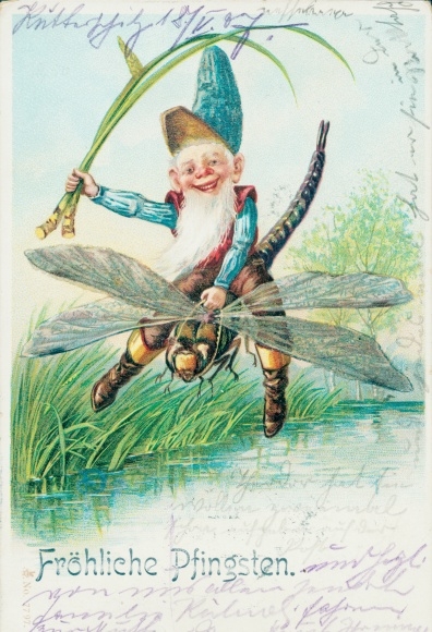 Chromo-Litho congratulations Pentecost, dwarf flies on a dragonfly