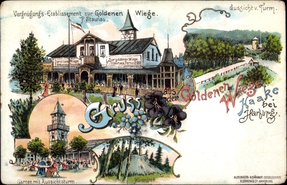 Chromo-Litho Hamburg Harburg Haake, amusement establishment at the Golden Scale, dolmen