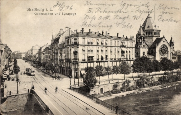 Judaica Postcard Strasbourg Strasbourg Alsace Bas Rhin, Kleberstaden and Synagogue, Tram