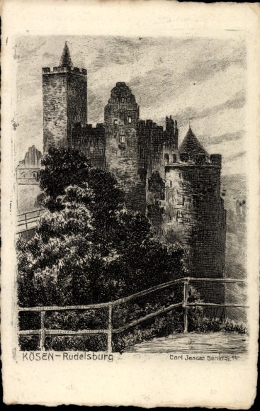 PC Bad Kösen Naumburg an der Saale, castle view, Rudelsburg ruins, drawing by Carl Jender...