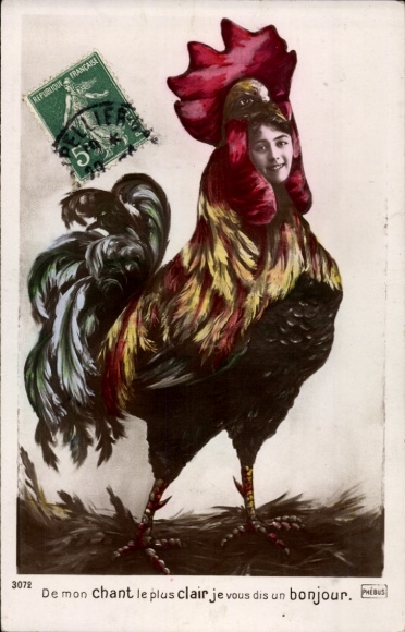 Fotomontage Ak Frauenkopf im Hahnengefieder