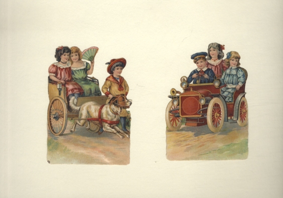 2 wafle dziecięce w powozie z psem, dzieci w czerwonym samochodzie, każdy o wymiarach ok. 12 x 8,5 cm