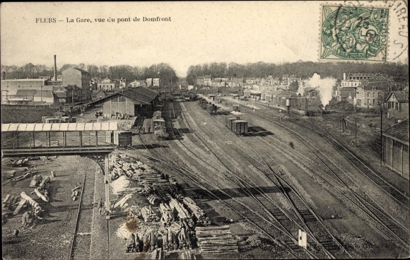 Postcard Flers Orne, La Gare, view from Domfront bridge, Bahnhof, Vogelschau