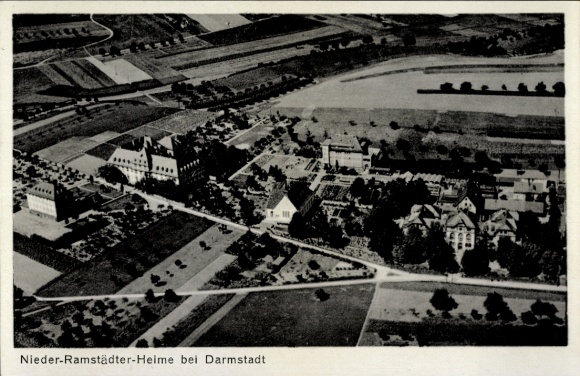 Postcard Nieder Ramstadt Mühltal in the Odenwald, aerial photograph, homes