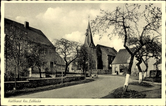 Postcard Hüllhorst in Westphalia, street section, church