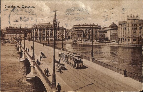 Postcard Stockholm Sweden, Wasabron, Tram driving over the bridge