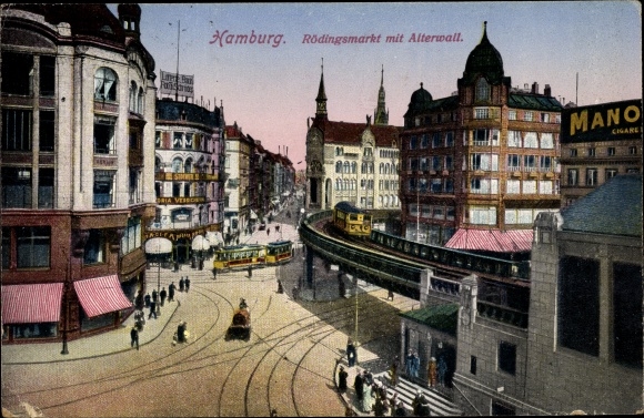 Postcard Hamburg Mitte Altstadt, Rödingsmarkt with Alterwall, elevated railway, tram